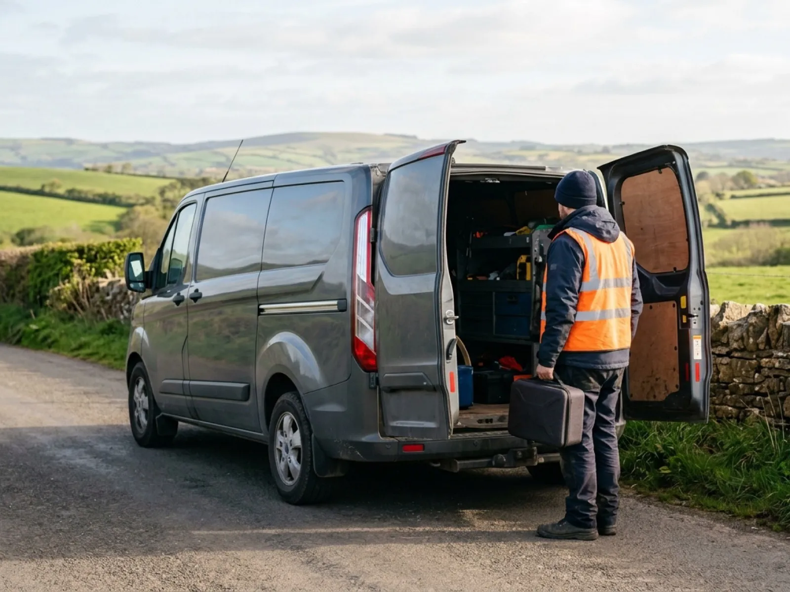 A drone surveyor loading kit from a work van on a Devon country road, already out on the road near Exeter