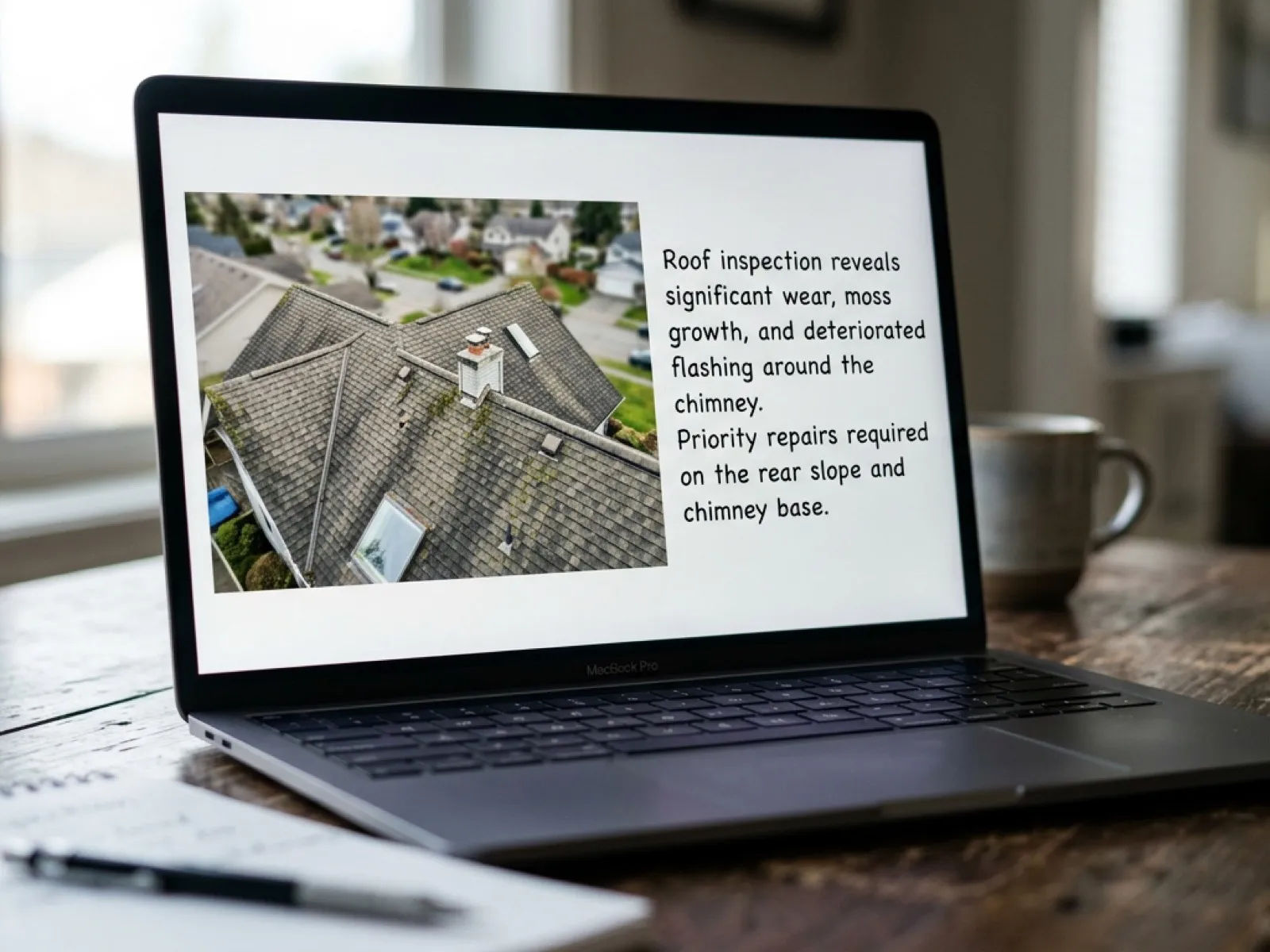 An aerial roof photograph and written finding on a laptop screen