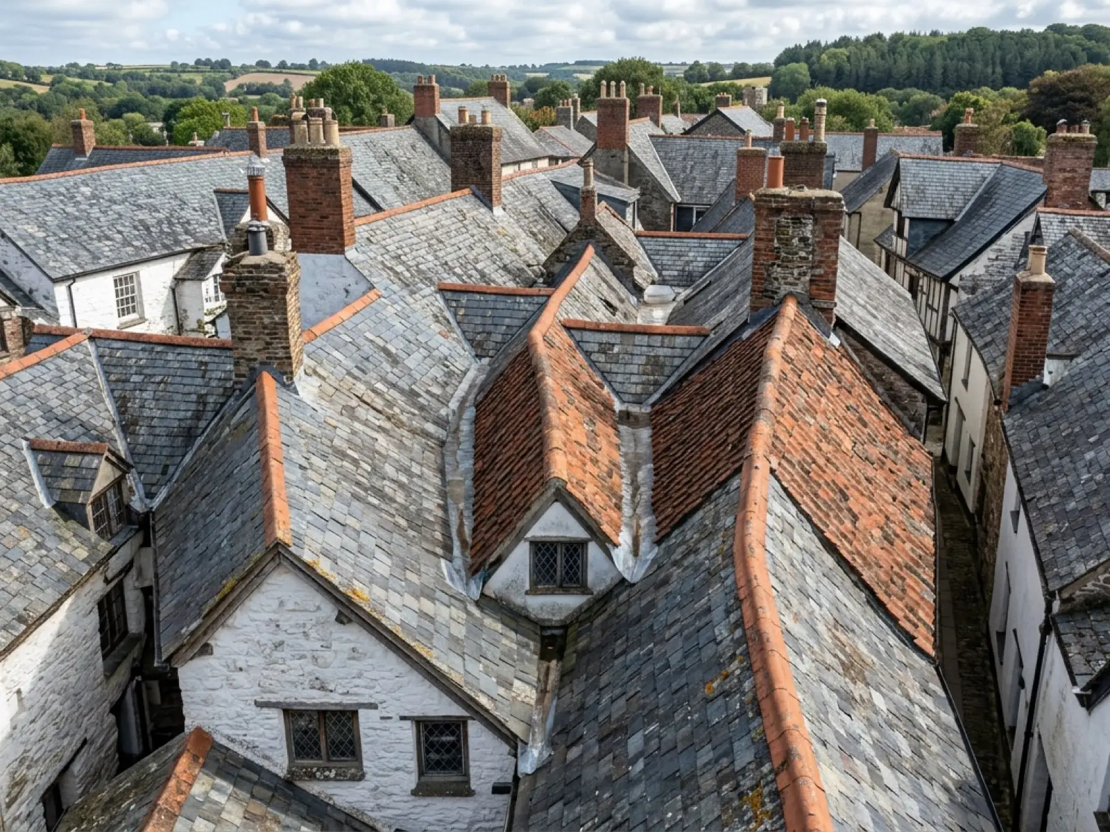An aerial view of a Devon slate and tile roofscape