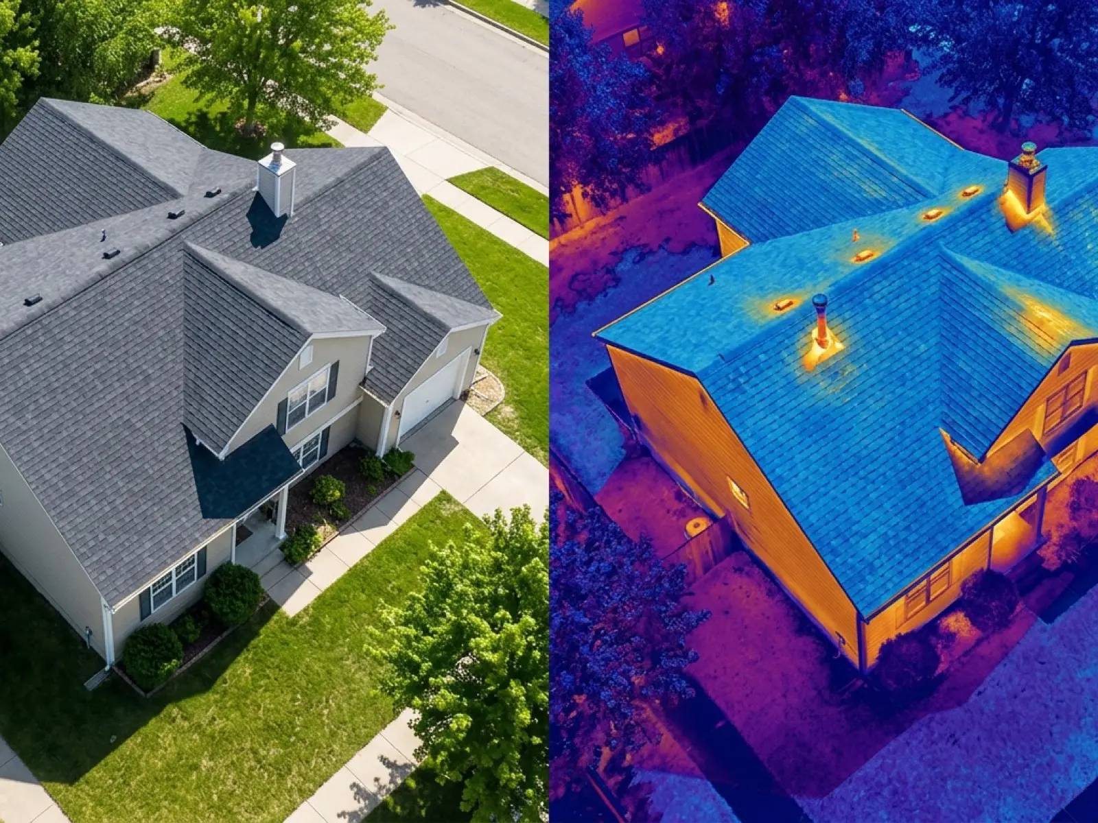 A thermal image of a roof shown beside its visual photograph